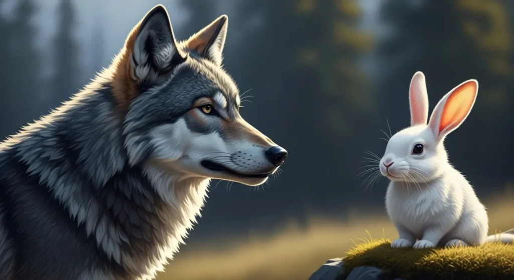 灰色狼と白兎の画像