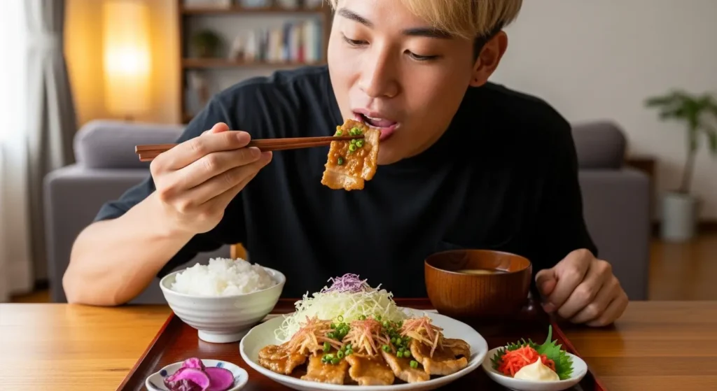 生姜焼き定食を食べて元気を出す金髪の青年の画像