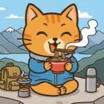 山で飯食べるネコ
