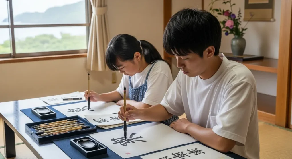 習字をする男の子と女の子の画像