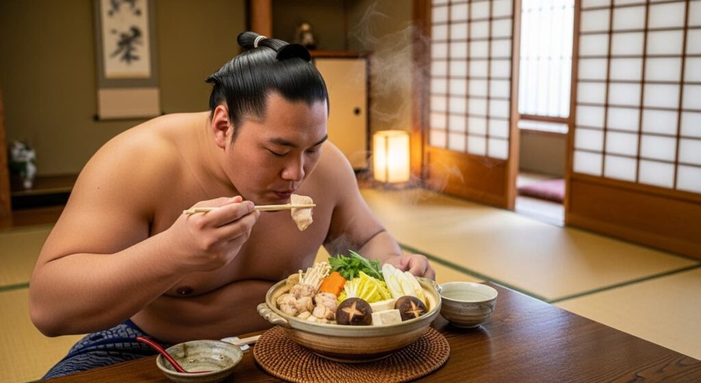 力士がちゃんこを食べている画像