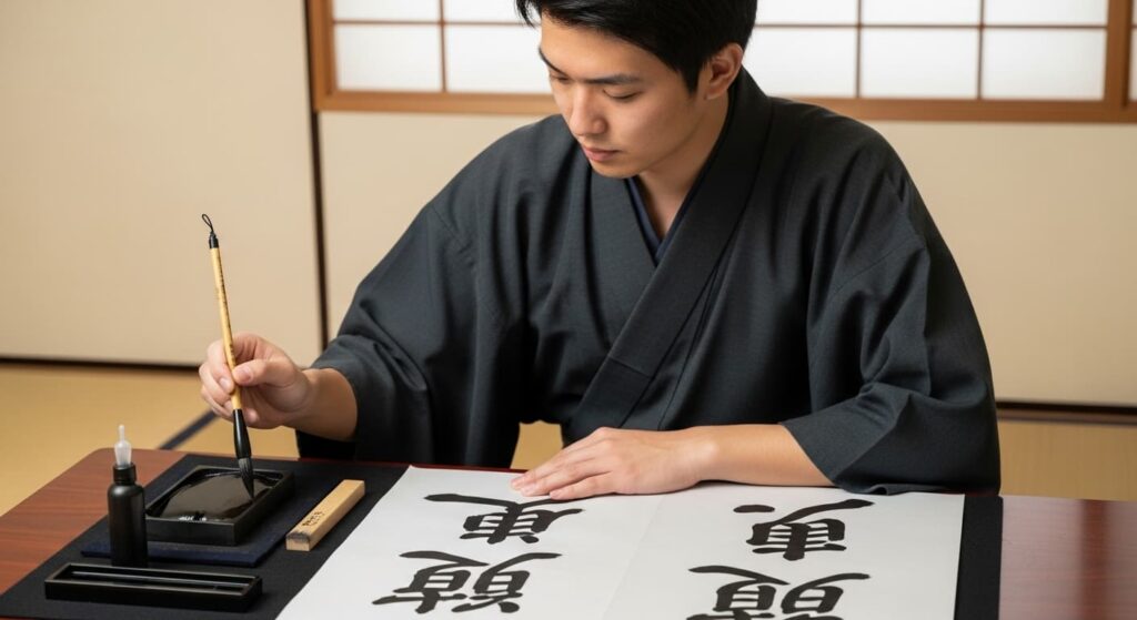 書道をする青年の画像